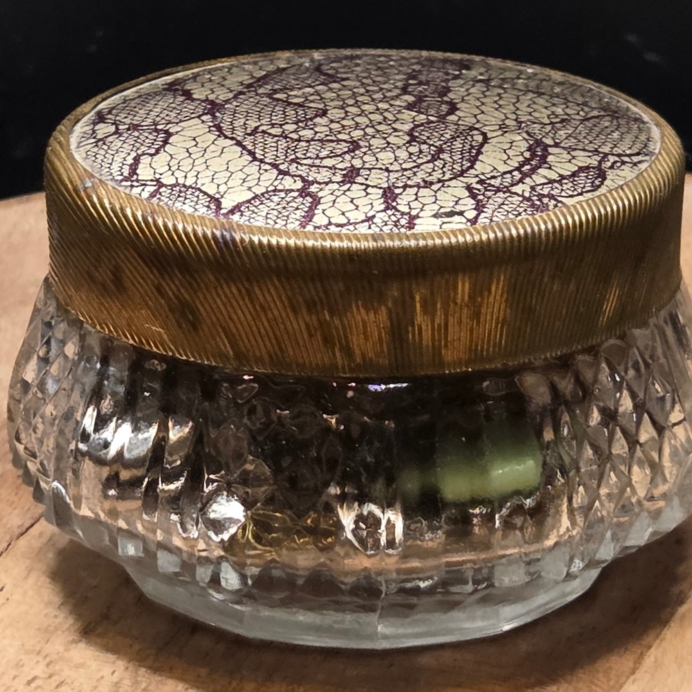 Vintage Cut Crystal Vanity Jar Brass Lace Lid Small Gold Purple Trinket Box